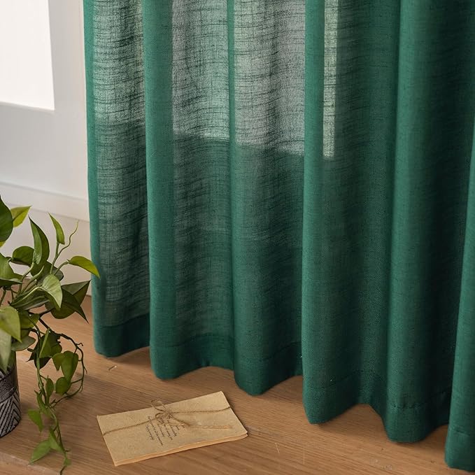 Emerald Green Curtains Semi Sheer 90 Inches Long, Dark Linen Textured Light Filtering Drapes for Living Room Dining, Hunter Green Window Decor, Pinch Pleat Curtain with Hooks