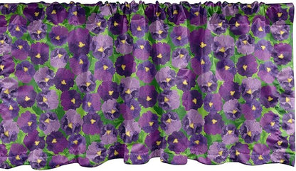 Ambesonne Botanical Window Valance, Green Field Full of Burgeoning Pansy Inflorescence Garden Flourish Bedding Plants, Curtain Valance for Kitchen Bedroom Decor with Rod Pocket, 54" X 18", Purple
