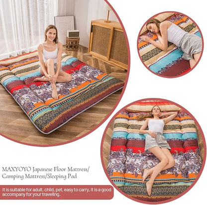 MAXYOYO Bohemian Retro Floor Mattress Vintage Floral Japanese Futon Mattress Roll Up Thicken Sleeping Bed Portable Camping Mattress Floor Lounger Couch Bed Mattress Pad, Queen Size
