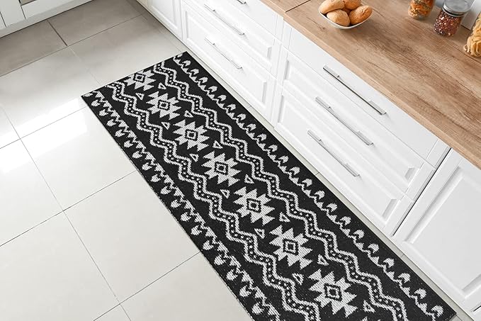 Custom Length Cut to Size Tribal Ethnic Southwestern Inspired Hallway Runner Rug, Non Slip Rubber Backed, 31 inch Wide X Customized Length, Aztec Black, 31 inch X 8 feet