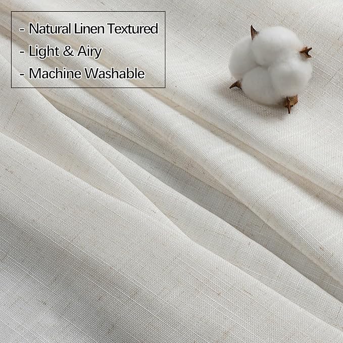 Neutral Linen Sheer Pinch Pleated Sliding Door Curtains, 2x50 Inches Width, Ivory Beige Light Filtering Drapes 102 Inches Long, Textured Farmhouse Floor to Ceiling Window Curtain Panels