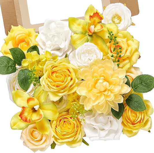 Alecono Artificial Flowers, Yellow Fake Spring Flowers Combo Box with Stems for DIY Wedding Cake, Party Table Centerpieces Home Decor