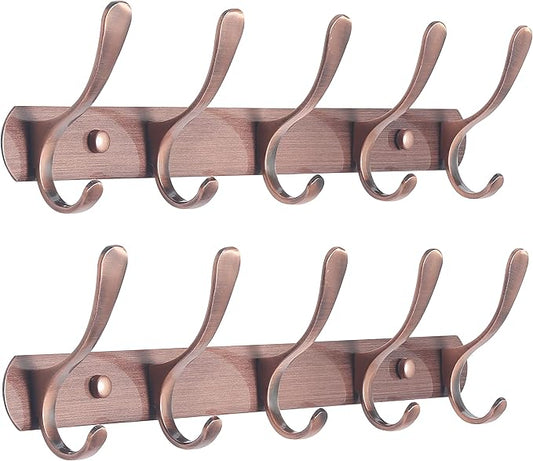 SKOLOO Modern Metal Wall Coat Rack with 5 Hooks, Pack of 2, Sturdy Wall Hook Rack for Hanging Coat, Jacket, Clothes, Hat, Red Copper