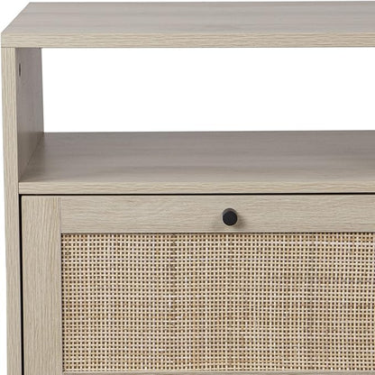 Nathan James Mina Rattan Wood End Side Accent Table Nightstand with Storage for Living Room or Bedroom, 1, Oak/Black