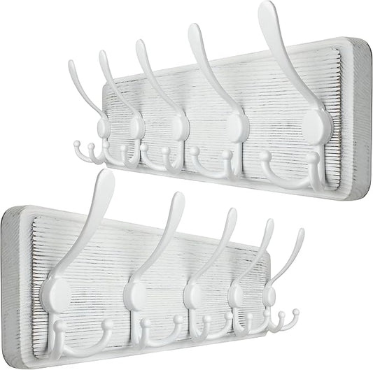 WEBI Coat Rack Wall Mounted,Wood Coat Hooks Wall Mount,16" Hole to Hole,Large Coat Hanger Wall Hook Rack,5 Triple Hooks for Hanging Coats,Hats,Jacket,Clothes,Entryway,White,2 Packs