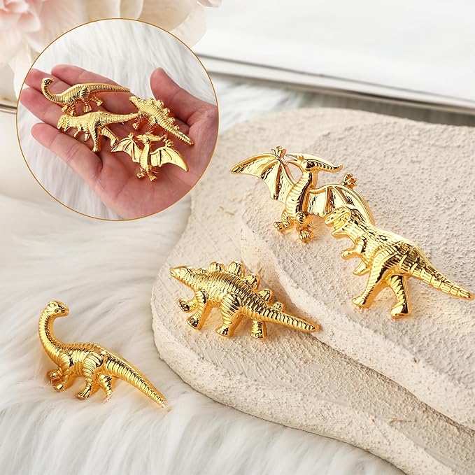 8 Pack Metal Dinosaur Knobs for Kids Furniture - Stego Style Gold Finish Drawer Pulls & Cabinet Handles, Scratch-Resistant (Stegosaurus)