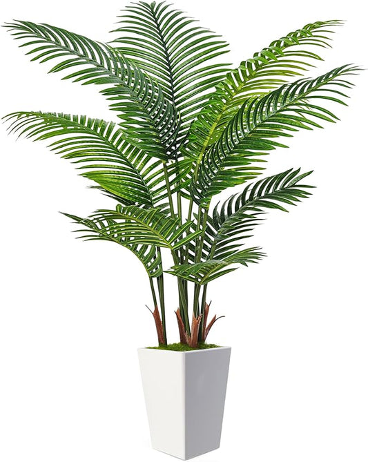 6FT Artificial Palm Tree, Tall Faux Palm Tree Indoor with Fake Plants Tall, Artificial Plants with Lifelike Leaves for Home Office Decor (White)