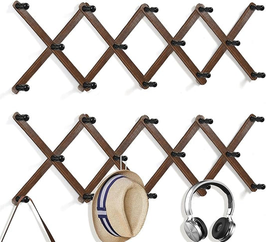 WGFKVAS Accordion Wall Hanger with 14 Hooks - 2Pcs Expandable Coat Rack Wall Mount - Wood Wall Hanger for Baseball Caps, Coats & Bags, Coffee Mug, Jewelry