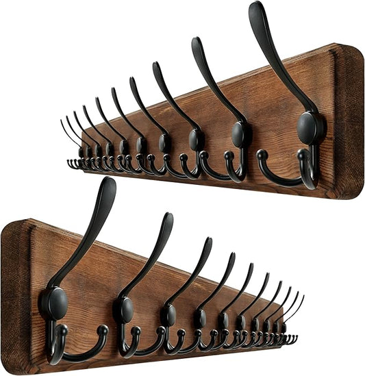 WEBI Coat Rack Wall Mount,38 9/16" Long,10 Hooks,Wood Coat Hooks Wall Mounted Coat Hanger Wall Hook Rack,Triple Hooks for Hanging Coats,Clothes,Jacket,Brown,2 Packs