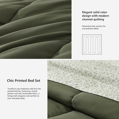 Monbix King Size Comforter Set - 7 Pieces Bed in a Bag King, Olive Green Track Stitching Bedding Sets, All Seasons Down Alternative Comforter Bed Set with Sheets, Pillowcases & Shams