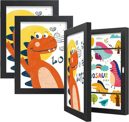 BAIJIALI Black Art Frames for Kids Artwork - Front Opening Holds 150 Drawings, 3D Crafts - 3 Packs 8.5x11 with mat or 9x12 without Mat