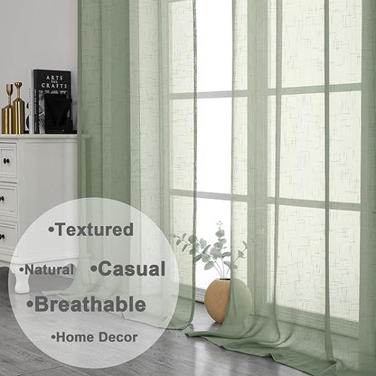 Aiyufeng Kirei Long Sage Green Sheer Curtains 96 Inch - Linen Look Privacy Sheer Curtains Window Treatment Drapes Farmhouse Decor for Bedroom Living Room Sliding Glass Door, 40Wx96L, 2 Panels