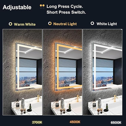 LED Bathroom Mirror 24"x 32",Front Lit and Backlit LED Mirror,Vanity Mirror with Lights Stepless Dmable,Aimnti-Fog, Shatter-Proof, Memory,3 Color LED Wall Mirror (Horizontal/Vertical)