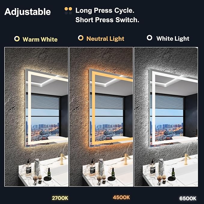 LED Bathroom Mirror 40"x 24",Front Lit and Backlit Bathroom Mirror with Lights,Stepless Dimmable,Anti-Fog, Shatter-Proof, Memory, 3 Colors Lighted Vanity Mirror (Horizontal/Vertical)