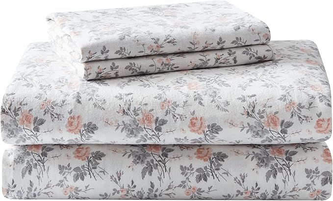 Laura Ashley - Flannel Sheets King Size, Anti-Pilling & Wrinkle Resistant Cotton, Touchably Soft for All-Season Comfort - Bed Sheets with Matching Pillowcases & Fitted Sheet (Rosalie Grey)
