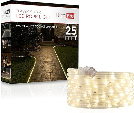 UltraPro LED Rope Lights, 25ft Classic Clear Rope, Warm White Light 3000K, Indoor/Outdoor, Flexible, Linkable, Durable, Rope Lights Outdoor, 54504