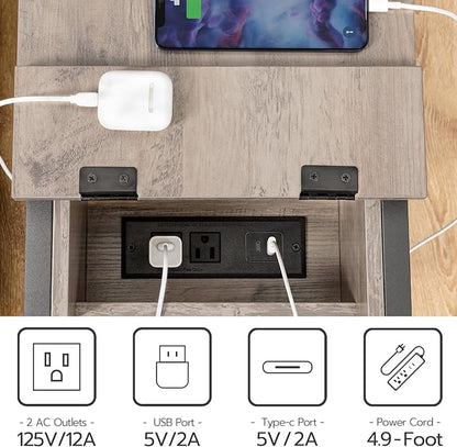 HOOBRO End Table with Charging Station, Narrow Side Table, Small Nightstand, Bedside Tables with Drawer and Storage Shelves, for Small Spaces, Living Room, Bedroom, Greige and Black BG041BZ01G1