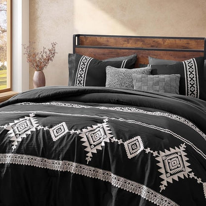 MaiRêve Embroidery King Size Comforter Set Black, Boho Farmhouse Western Bedding Set 7 Pieces, All Season Bed in A Bag Comforter Set with Sheets, Pillowcases & Shams