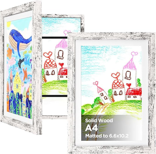 KINLINK A4 Kids Art Frame Set of 2, Solid Wood Kids Artwork Frames Changeable with Acrylic Front Opening Holds 150 Pictures 8.3x11.7, Art Frames for Kids Artwork with Mat or without Mat, Rustic White