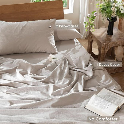 MooMee Bedding Duvet Cover Set 100% Washed Cotton Linen Like Textured Breathable Durable Soft Comfy (Solid Light Tan, Queen 90"x90")