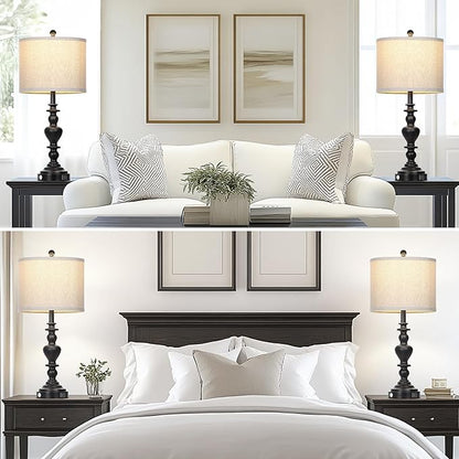27" Farmhouse Vintage Lamps Set of 2 with USB C+A Charging Ports, Black Rustic Touch Control Table Lamp for Living Room, 3-Way Dimmable Traditional Nightstand Bedside Lamp Linen Washed for Bedroom