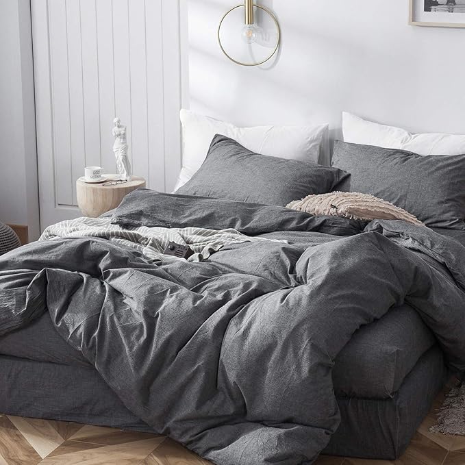 MooMee Bedding Duvet Cover Set 100% Washed Cotton Linen Like Textured Breathable Durable Soft Comfy (Heathered Dark Grey, Queen 90"x90")