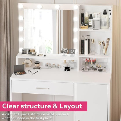 Vanity Desk with Mirror and Light, Large Drawer and Three Level Storage Dresser, 3 Lighting Modes Adjustable Brightness, Bedroom Dressing Table (White)