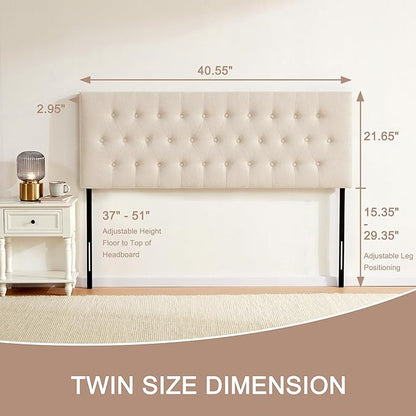 Tufted Upholstered Headboard Twin Size, Solid Wood Head Board with Durable Metal Legs, Adjustable Height Twin XL headboard from 37” to 51” Fabric Headboard in Modern Button Design, Beige