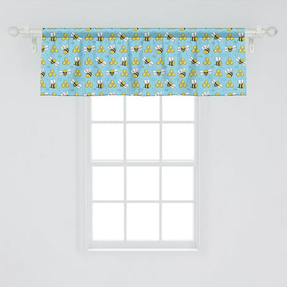 Ambesonne Cartoon Window Valance, Summer Style Funny Demonstration of Happy Flying Characters and Hexagon Comb, Curtain Valance for Kitchen Bedroom Decor with Rod Pocket, 42" x 18", Sky Blue Mustard