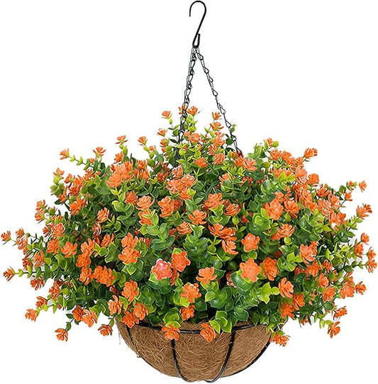 Artificial Hanging Flowers Basket for Outdoor, 16 Fake Flowers Look Real UV Resistant, Faux Hanging Plants for Porch, Balcony, Patio, Garden, Spring Summer Decor,Orange