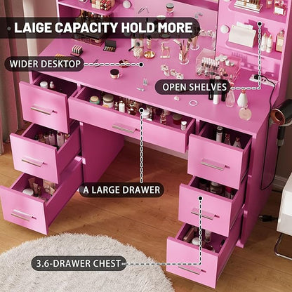 Furmax Vanity Desk with Mirror, LED Lights and Power Outlet Makeup Vanity Table with 7 Drawers and 6 Storage Shelves Dressing Table for Bedroom Dressing Room (Pink)