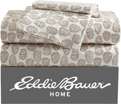 Eddie Bauer - Queen Sheets, Cotton Flannel Bedding Set, Brushed For Extra Softness, Cozy Home Decor (Little Creek Pine Cone Beige, Queen)