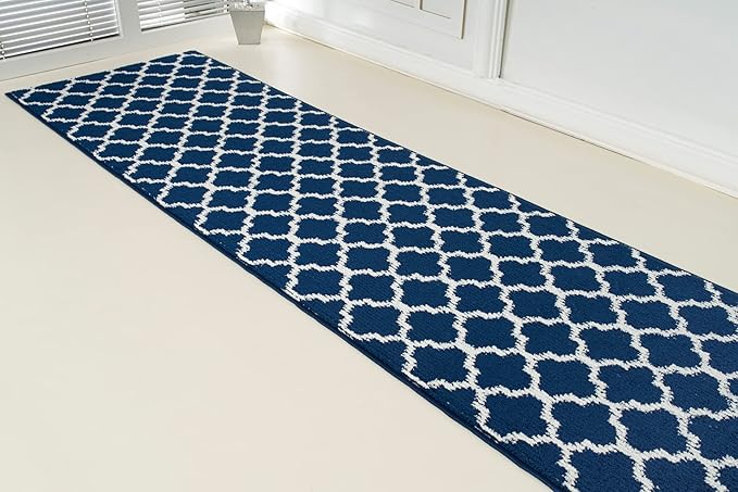 Custom Size Cut to Length Moroccan Trellis Design Runner Rug Mat For Wide Long Hallways with Non-Slip Rubber Backing, Better Traction for Pets, Prevent Slippage, Trellis Navy Blue, 31 inch X 14 feet