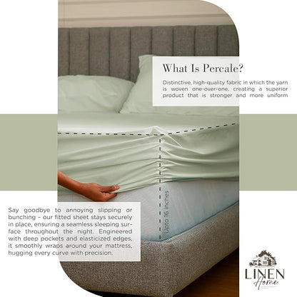 Linen Home 100% Cotton Percale Sheets Twin XL Size, Sage, Deep Pocket, 3 Pieces Set - 1 Flat, 1 Deep Pocket Fitted Sheet and 1 Pillowcase, Crisp Cool and Strong Bed Linen