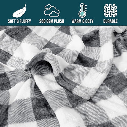 PAVILIA Light Grey Buffalo Plaid Throw Blanket for Couch, Soft Checkered Flannel Fleece Blanket for Sofa, Grey White Plaid Decorative Couch Throw, Warm Cozy All Season Fall Blanket Decor Gift, 60x80