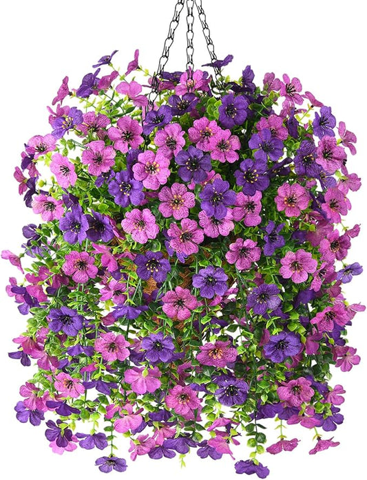Artificial Fake Hanging Plants Flowers Baskets for Outdoor Outside Spring Decor,Faux Silk Daisy UV Resistant Look Real Summer Decorations for Home Porch Patio Yard Garden(Mix Purple