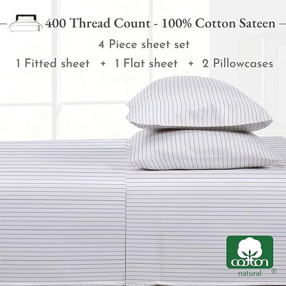California Design Den Printed King Size Sheets Set - Luxury 400 Thread Count Sateen, Natural 100% Cotton Sheets Set, Deep Pockets, Cooling and Durable Bedding - Pinstriped