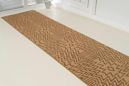 Custom Length Cut to Size Tribal Ethnic Southwestern Inspired Hallway Runner Rug, Non Slip Rubber Backed, 31 inch Wide X Customized Length, Inca Tan, 31 inch X 5 feet