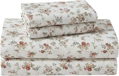 Laura Ashley - Flannel Sheets King Size, Anti-Pilling & Wrinkle Resistant Cotton, Touchably Soft for All-Season Comfort - Bed Sheets with Matching Pillowcases & Fitted Sheet (Le Fleur Orange)