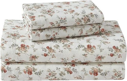 Laura Ashley - Flannel Sheets Full Size, Anti-Pilling & Wrinkle Resistant Cotton, Touchably Soft for All-Season Comfort - Bed Sheets with Matching Pillowcases & Fitted Sheet (Le Fleur Orange)