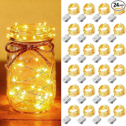 24 Pack Fairy Lights Battery Operated [3 Modes] 7ft 20 LED Mini Twinkle String Lights Waterproof Silver Wire Firefly Starry Lights for Wedding Party Mason Jars Christmas Decorations, Warm White