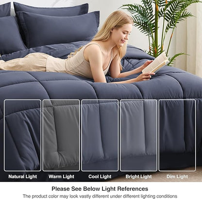 Love's cabin Full Comforter Set Indigo Blue, 7 Pieces Full Bed in a Bag, All Season Bedding Sets with 1 Comforter, 1 Flat Sheet, 1 Fitted Sheet, 2 Pillowcase and 2 Pillow Sham