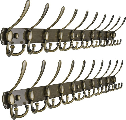 Dseap Coat Rack Wall Mount - 38” Long 10-Tri-Hooks Heavy Duty Coat Hanger Rail Wall Hooks for Hanging Coats Hats Clothing Clothes Purse Mudroom Entryway, Bronze, Pack of 2
