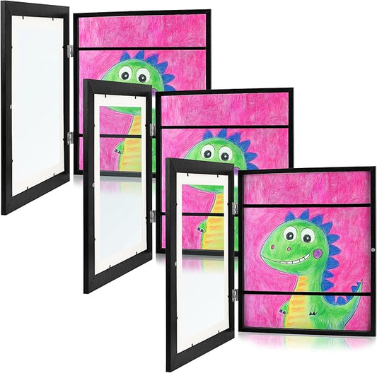 Zenacolor Kids Artwork Frames Changeable - Front-Opening to Display & Store 100 pcs - Set of 3 Kids Art Frame Includes Wall Hooks & Stand - 10x12.5cm - Black