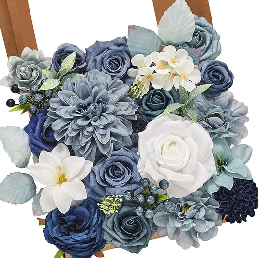 Alecono Artificial Flowers, Dusty Blue Fake Flowers Combo Box for DIY Wedding Bridal Bouquets, Cake Party Table Centerpieces Home Decor