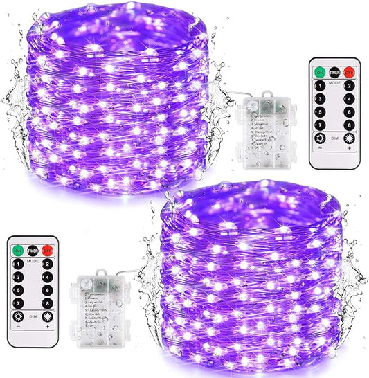 JMEXSUSS 2 Pack Christmas Fairy Lights Battery Operated, Total 400 LED 132ft Purple Christmas String Lights Indoor with Remote, 8 Modes Copper Wire Twinkle Lights for Bedroom Wall Tree Decor