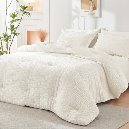 HYMOKEGE Ivory Full Size Comforter Sets Seersucker 7 Pieces, All Season Luxury Bed in a Bag for Bedroom, Bedding Set with Comforters, Sheets, Pillowcases & Shams
