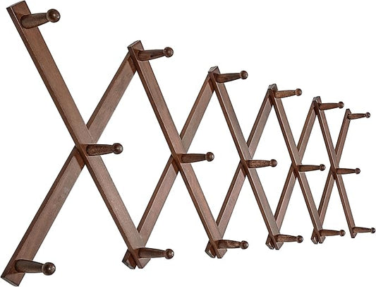 SKOLOO Hat Rack for Wall with 17 Hooks, Solid Wooden, Modern, Expandable Coat Rack Wall Mount for Coats, Hats, Bags, Baseball Caps, Walnut Color