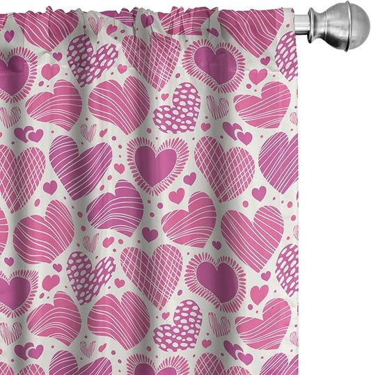 Ambesonne Valentines Window Curtains, Romantic Heart Shapes with Many Different Designs Polka Dots Crossed Lines, Lightweight Decorative Panels Set of 2 with Rod Pocket, 56" x 84", Pink White