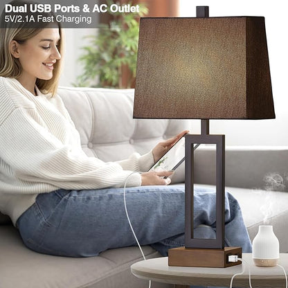 Touch Control Table Lamps Set of 2, Modern Bedside Lamps with 2 USB Charging Ports & AC Outlet, 3-Way Dimmable Wood Nightstand Lamp for Living Room Bedroom End Table Office Black(2 LED Bulbs Included)